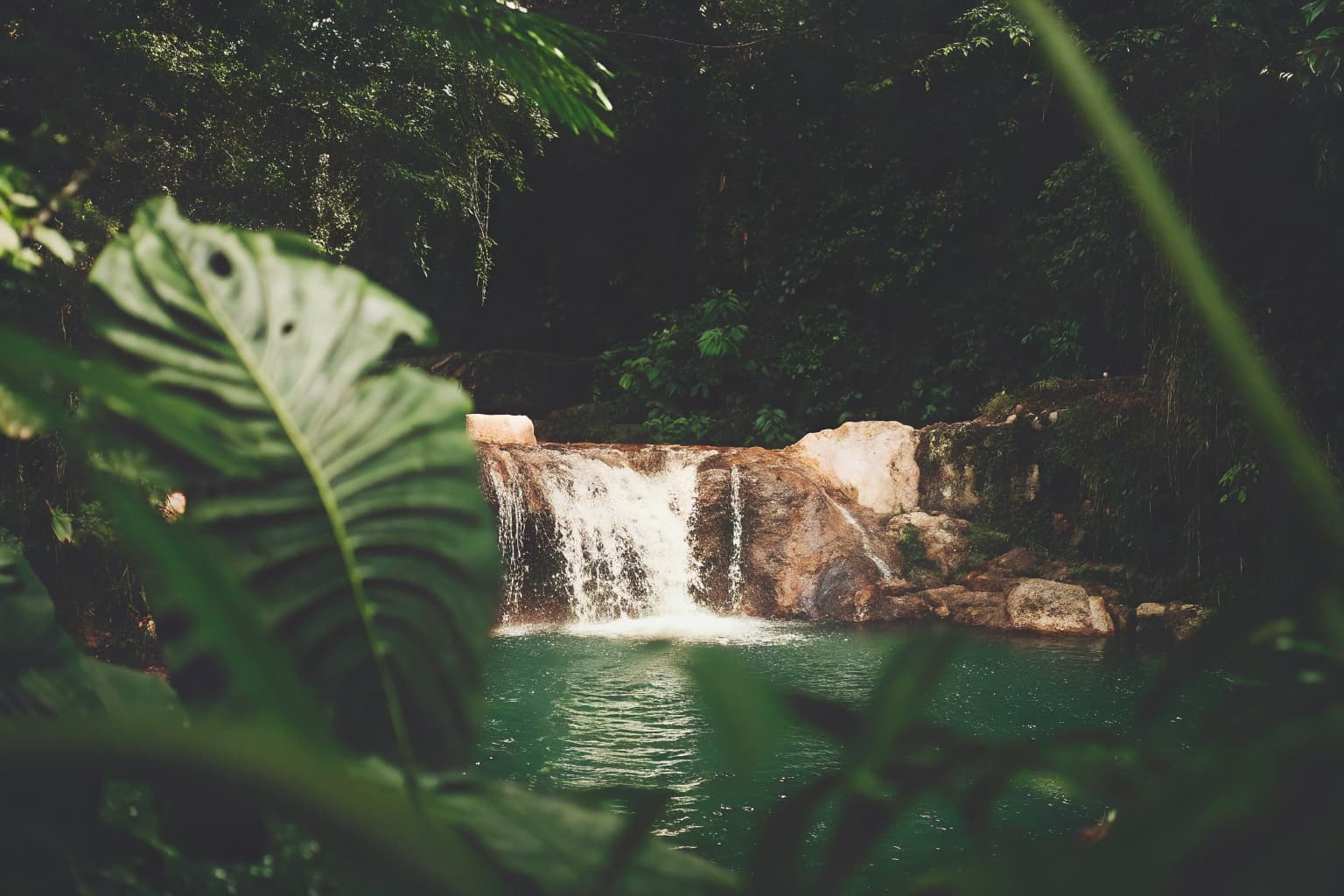 Lush Costa Rica jungle waterfall with emerald pool surrounded by tropical rainforest during green season