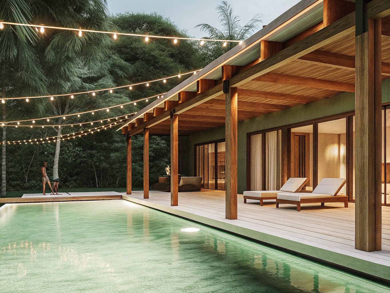 Private villa pool deck near Jaco, Costa Rica with string lights and lounge chairs, set up for a group stay