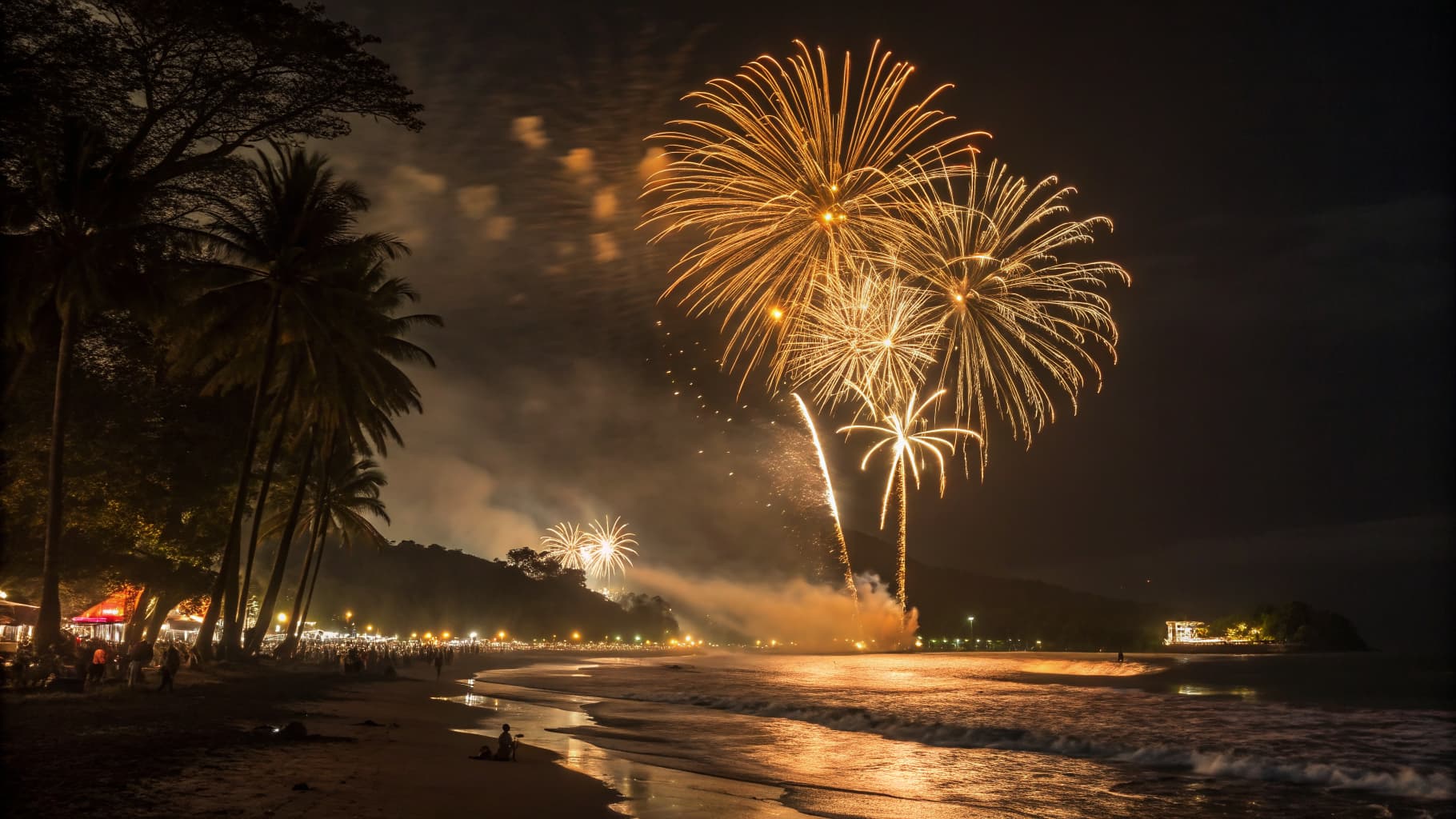 Fireworks lighting up the night sky over Jacó Beach, Costa Rica on New Year's Eve