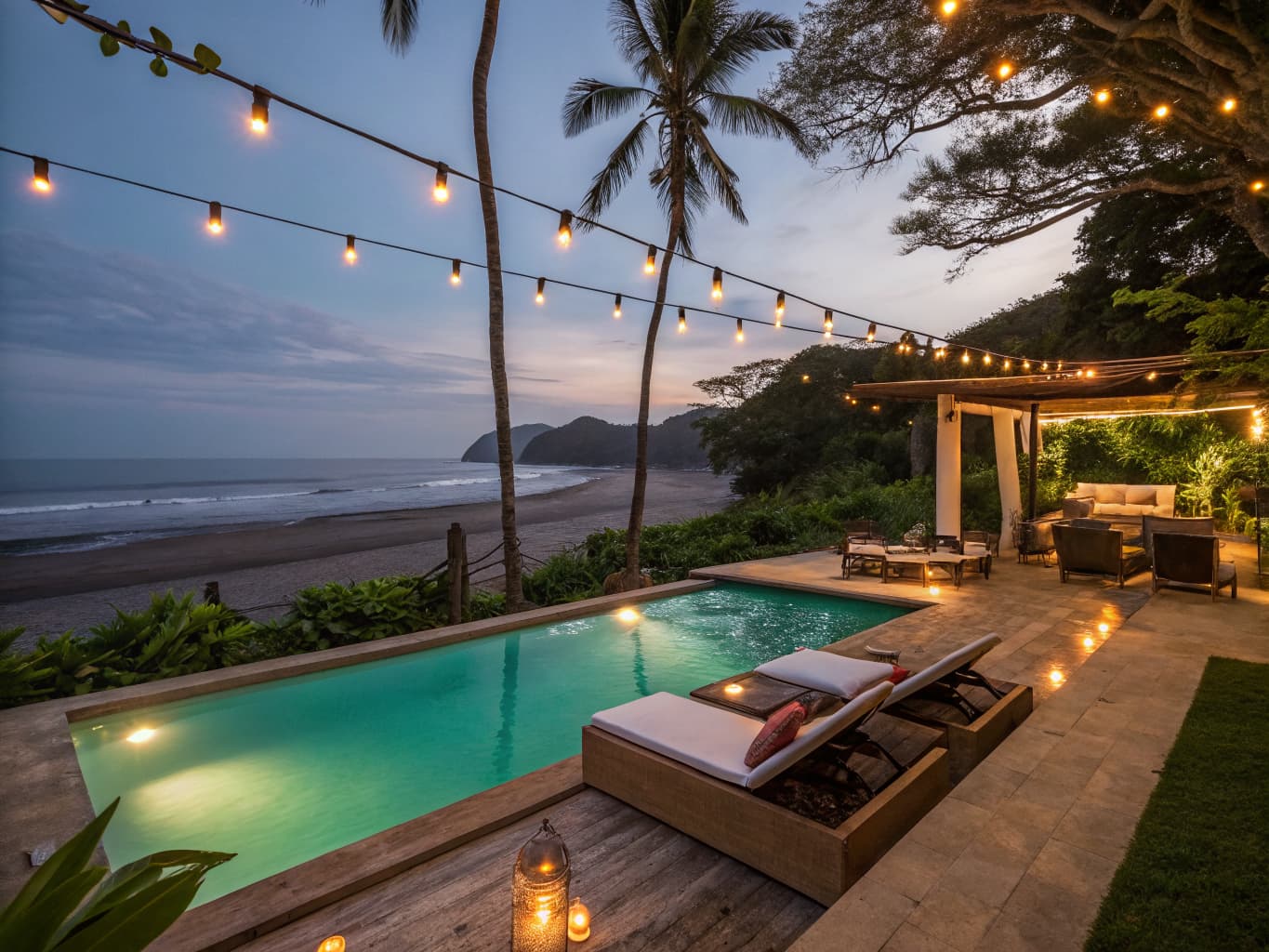 Beachfront villa terrace with a pool and string lights set up for a New Year's Eve celebration in Jacó, Costa Rica