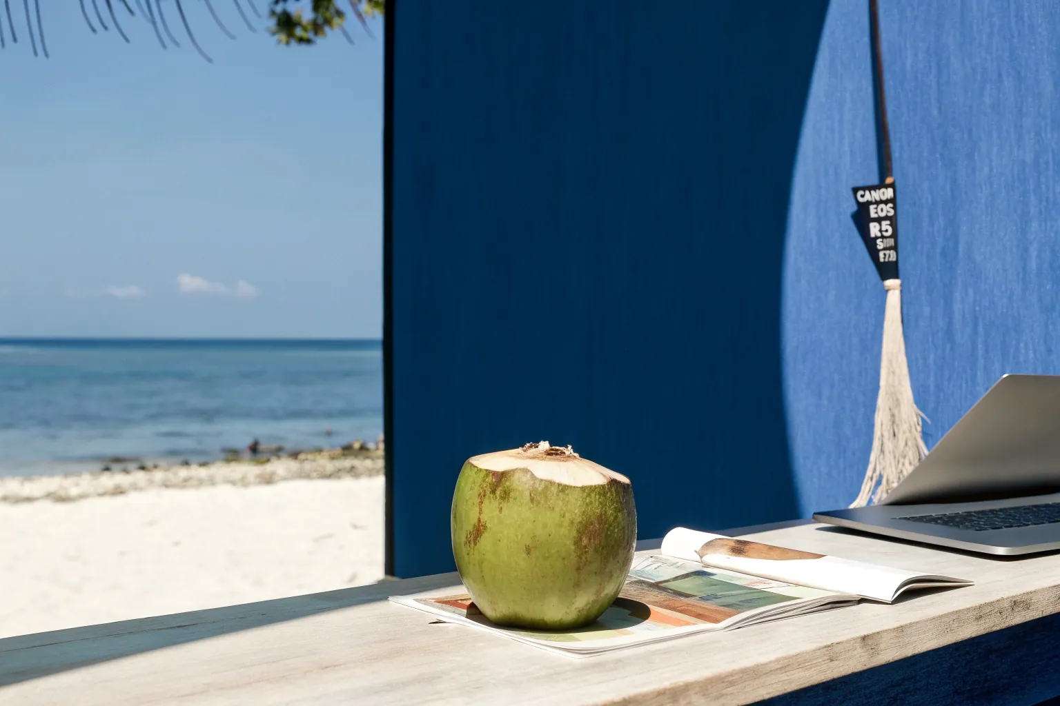 Travel planning workspace with coconut drink and ocean view in Costa Rica
