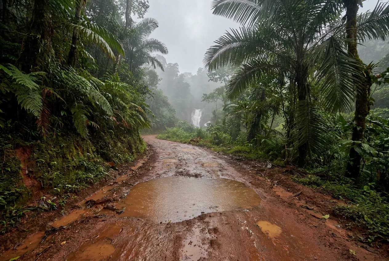 Rain-soaked jungle ATV trail near Jaco, Costa Rica winding through dense rainforest toward a waterfall during rainy season