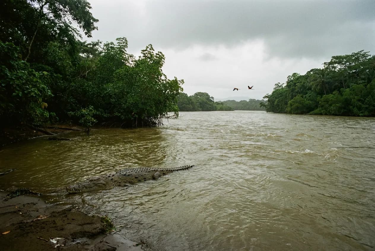 Swollen Tarcoles River in Costa Rica during September rainy season with an American crocodile and scarlet macaws overhead