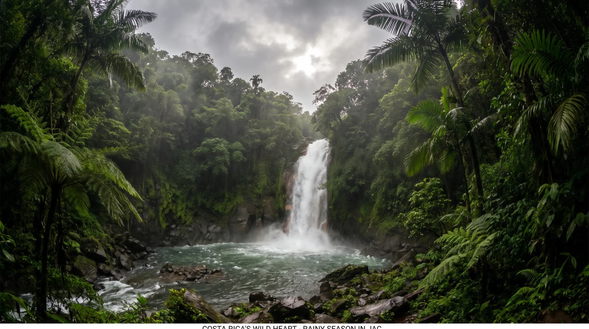 Powerful jungle waterfall in full flow near Jaco, Costa Rica during September rainy season