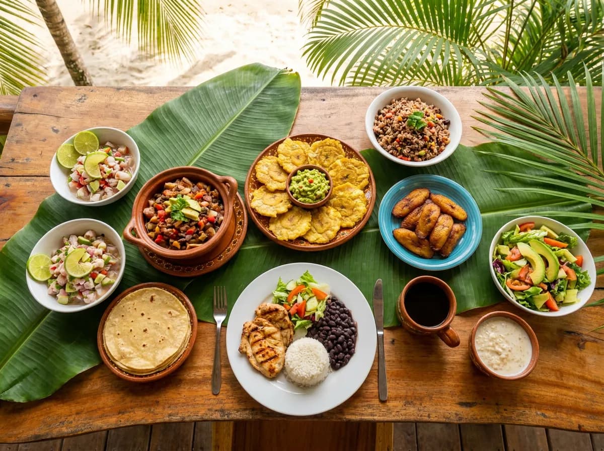 Costa Rican ceviche, chifrijo, patacones with guacamole, casado, gallo pinto, sweet plantains, garden salad, homemade tortillas and arroz con leche served at a private chef dinner in Jacó, Costa Rica