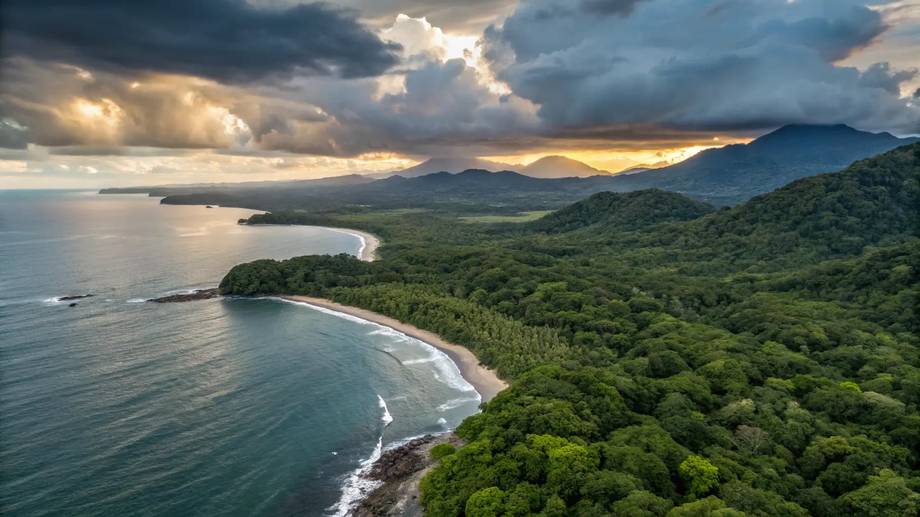Aerial view of Costa Rica's lush tropical rainforest meeting the Pacific Ocean