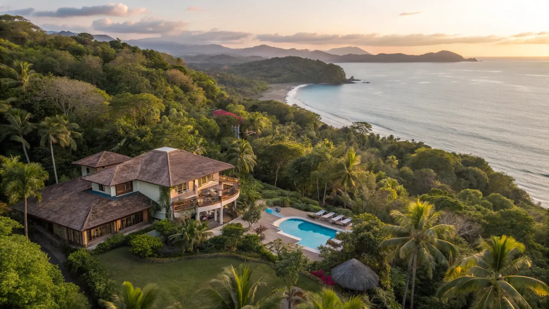 Aerial view of luxury Costa Rica villa with private pool overlooking the Pacific coastline