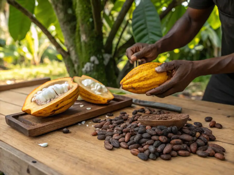 Fresh cacao pods being harvested on a tropical plantation in Costa Rica with chocolate production equipment