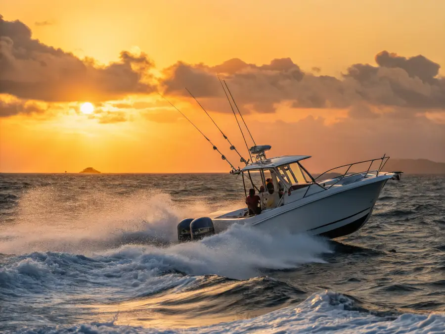 Sport fishing boat heading into the Pacific Ocean at sunrise from Jacó, Costa Rica