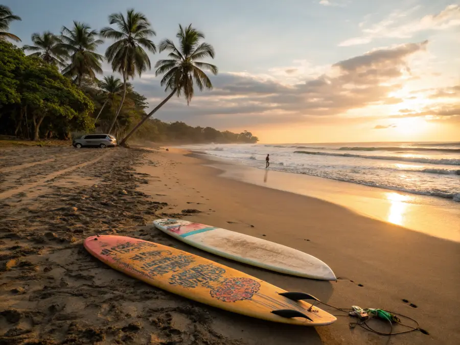 Surf instructor teaching a beginner to surf on the warm waves of Jacó South Beach, Costa Rica