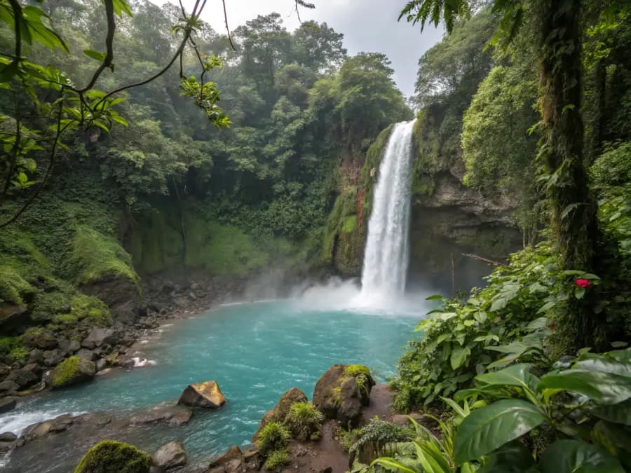 Hidden waterfall cascading into a turquoise pool surrounded by Costa Rica's lush rainforest
